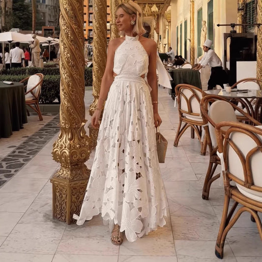 Lace Hollow-Out Crochet Halter Neck Backless Dress