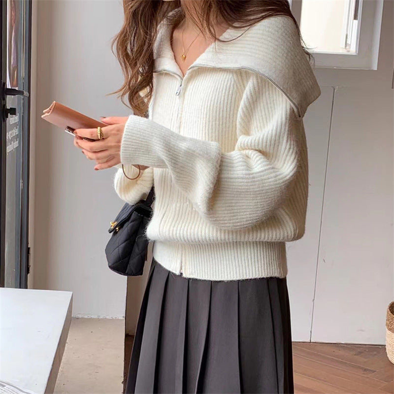 Korean Style Idle Style Large Lapel Knitted Cardigan Zipper Coat