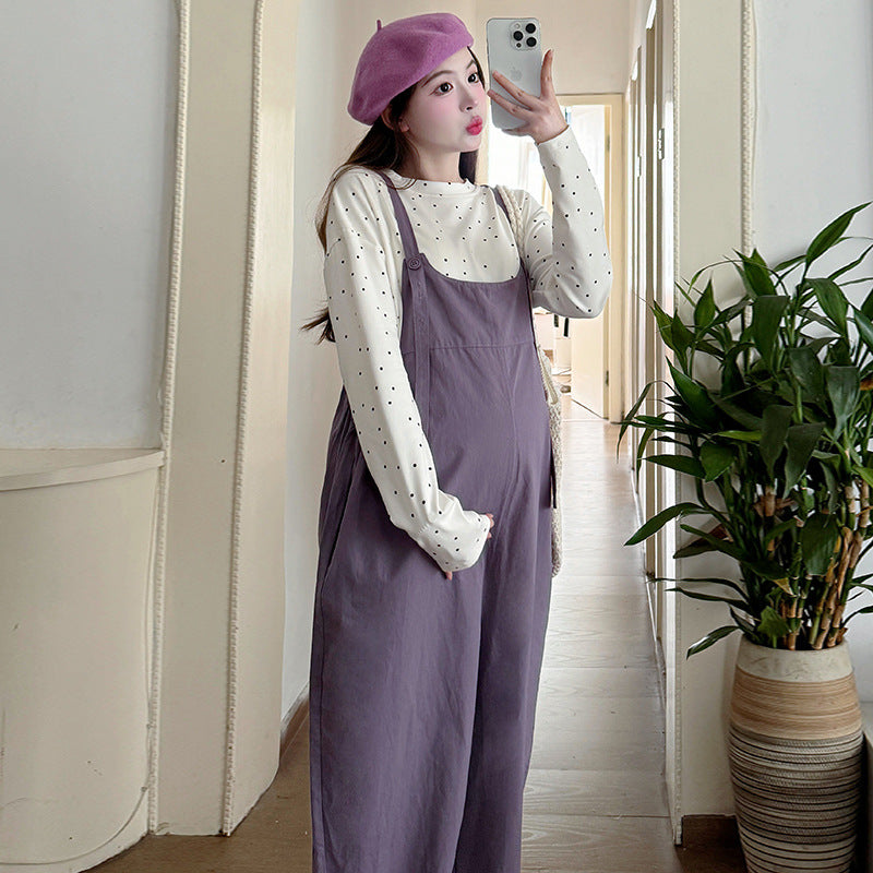 Casual Denim Suspender Pants Polka Dot Top Two-piece Set
