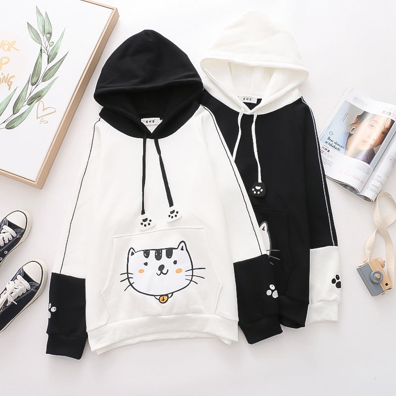 Color Matching Cap Long Sleeve Printing Cat And Fish Brushed Hoody Women's New Thickened Cotton Fleece Shirt