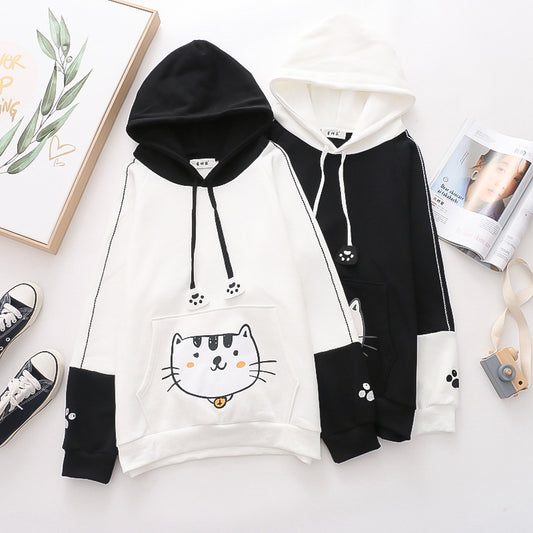 Color Matching Cap Long Sleeve Printing Cat And Fish Brushed Hoody Women's New Thickened Cotton Fleece Shirt