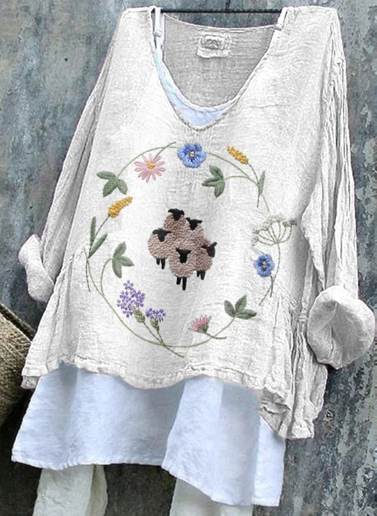 Women's Sheep  Floral Print Pattern Cozy Linen Shirt
