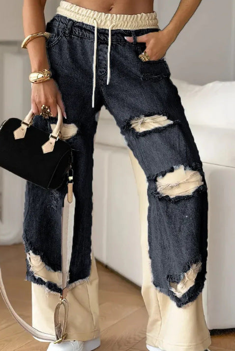 Ripped Double-layer Color Straight Jeans