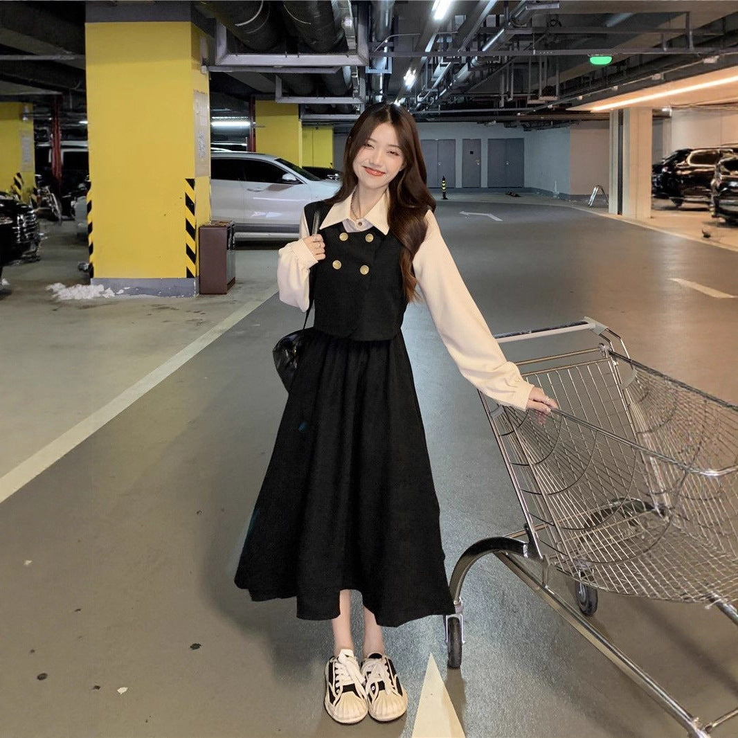 Womens Vintage French-Style Mock Two-Piece Long-Sleeve Dress