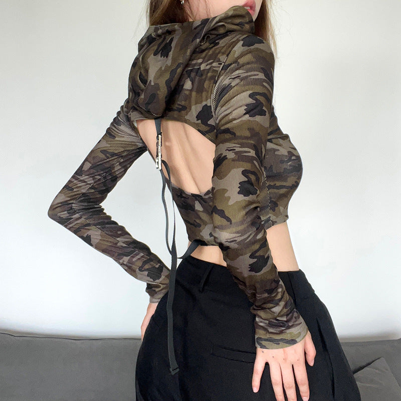 Camo Color Bump Trim Back Hollow Out Adjustable Bag Buckle Long Sleeve Short T-shirt