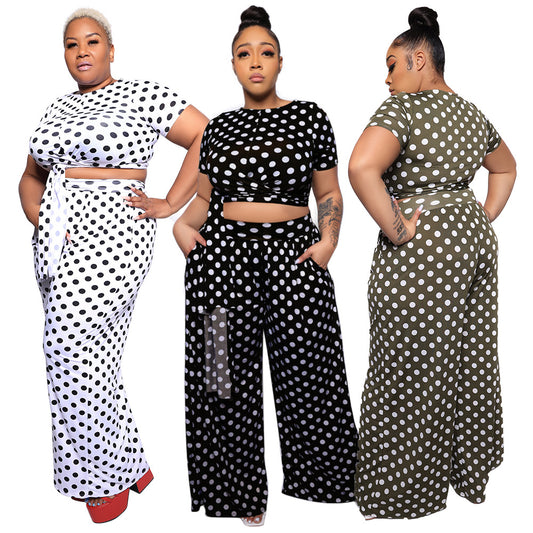 Women's Fashionable Casual Plus-Size Two-Piece Set With Polka-Dot Print
