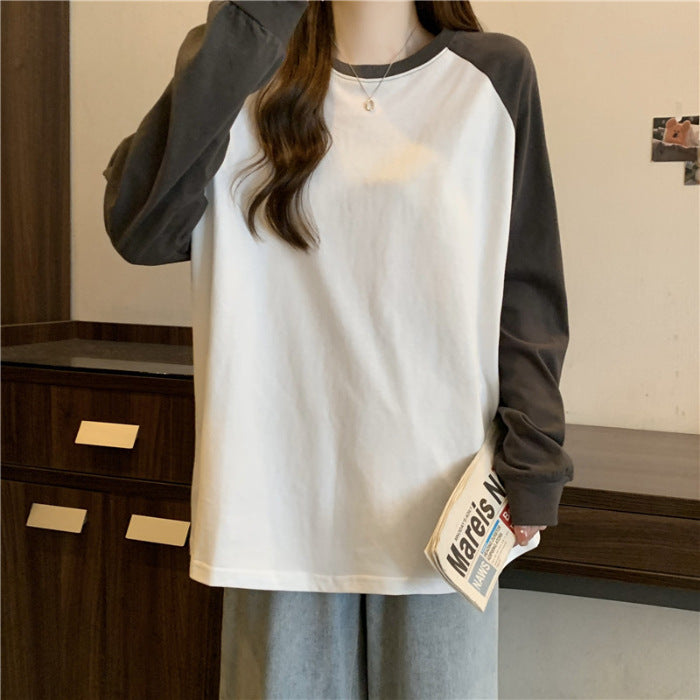 Loose Long Sleeve Women's Color-blocked Raglan Round Neck