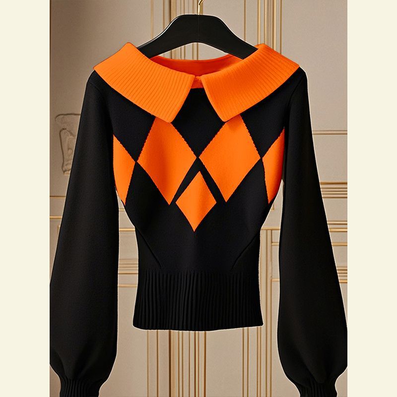 European Goods Western Style Unique Chic Niche Idle Style Black Diamond Plaid Sweater