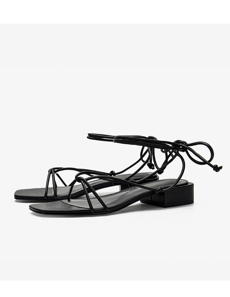 Strappy square toe low heel sandals
