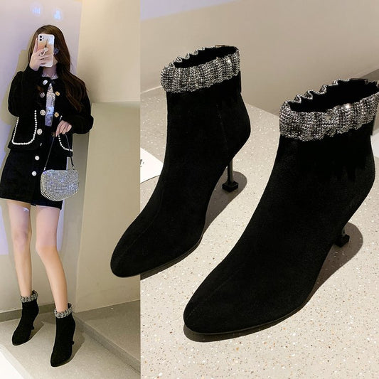 High-heeled Stiletto And Pointed Back Zipper Fashion Ankle Boots