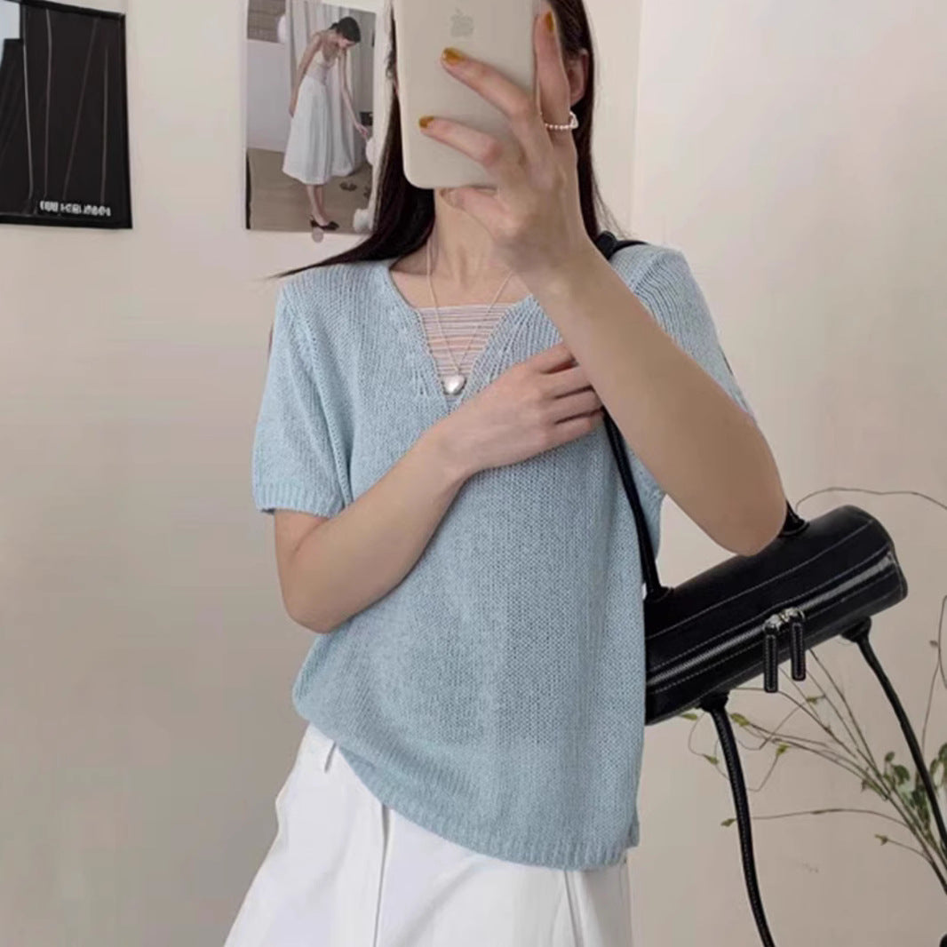 Fashionable Candy Color Gentle Hollow Out V-neck Short Sleeve