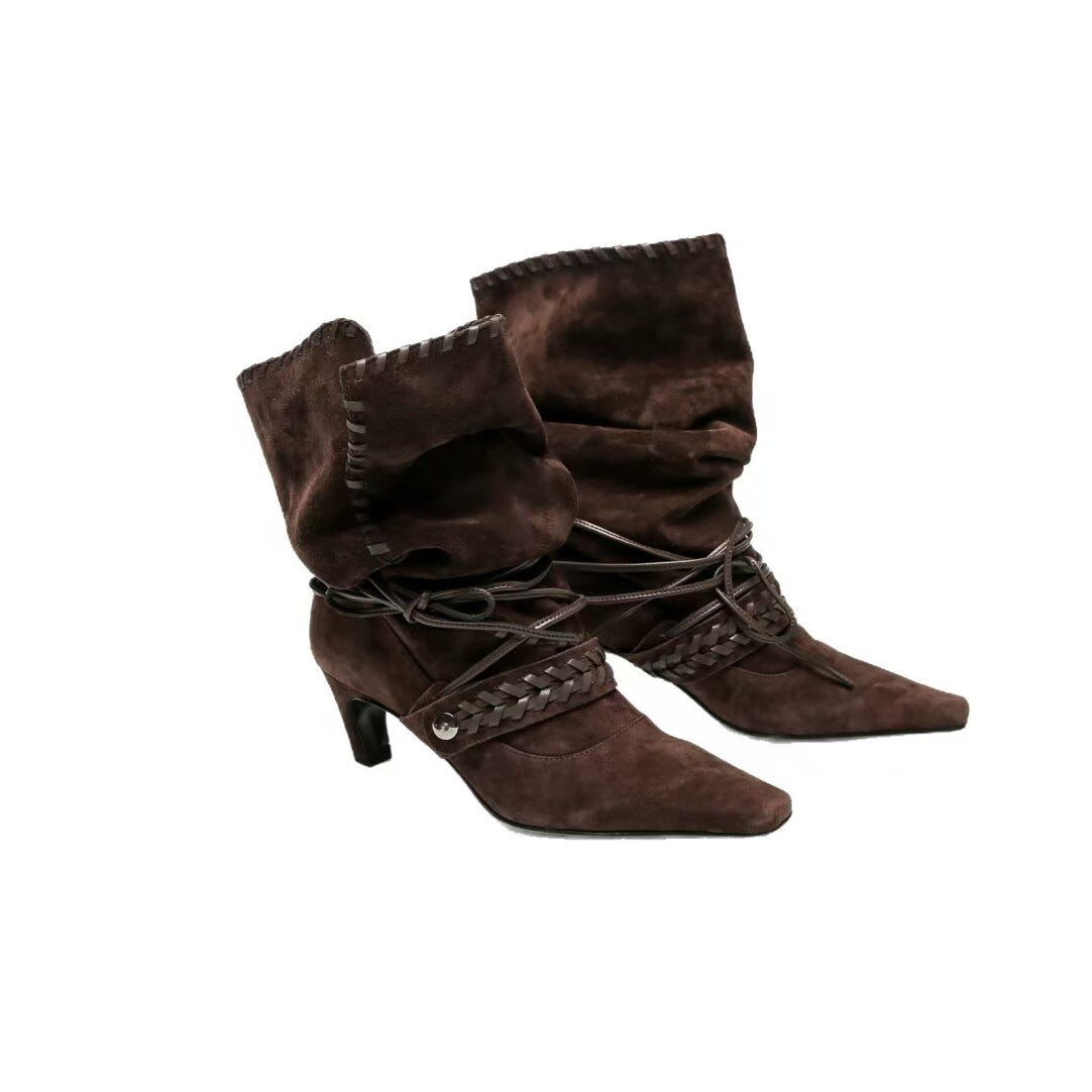 Square-toe Chic Womens Western Boots With Cross-tie Straps And Chunky Heels