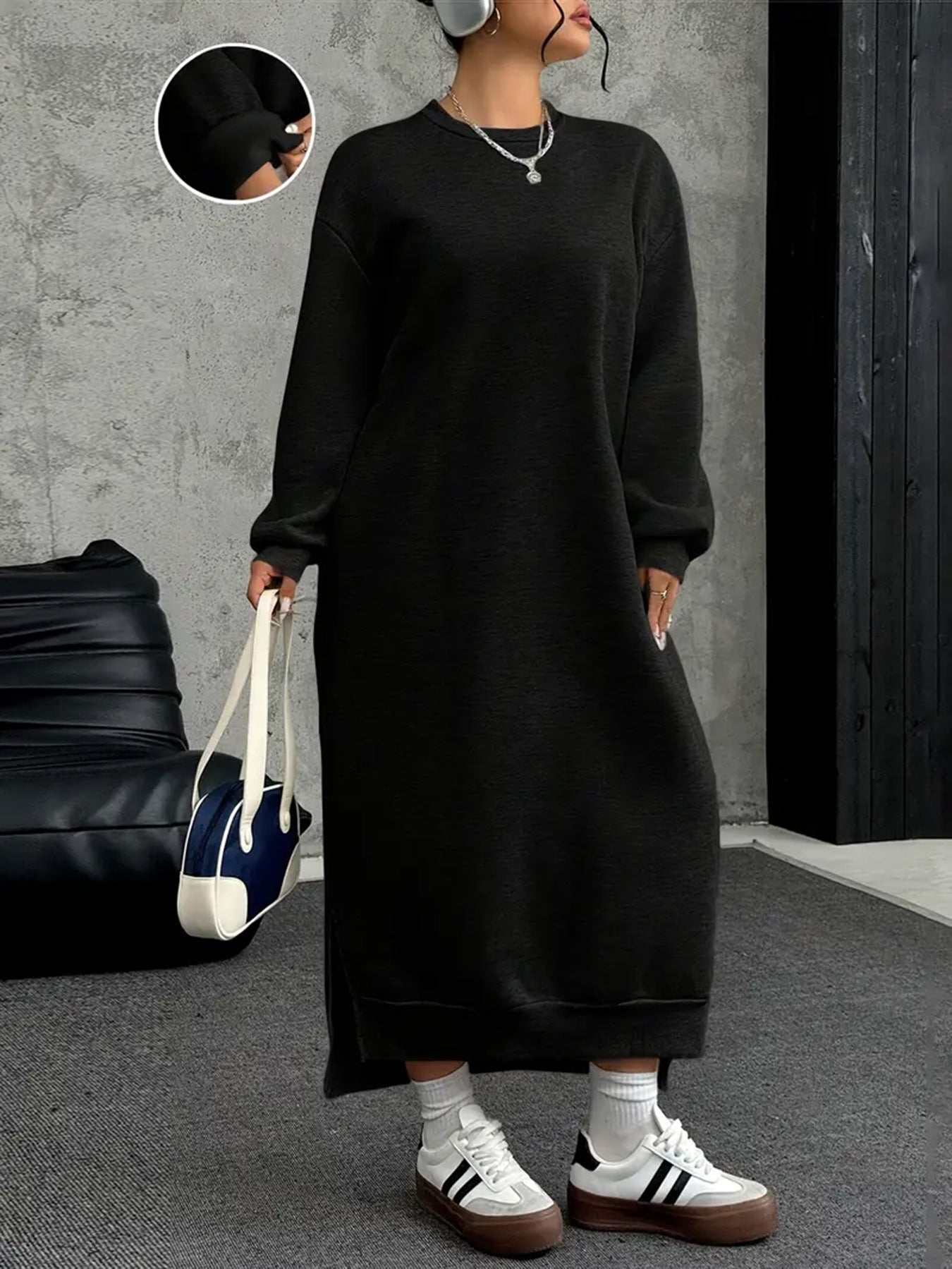 Womens Fleece-Lined Crew-Neck Long-Sleeve Sweater Dress