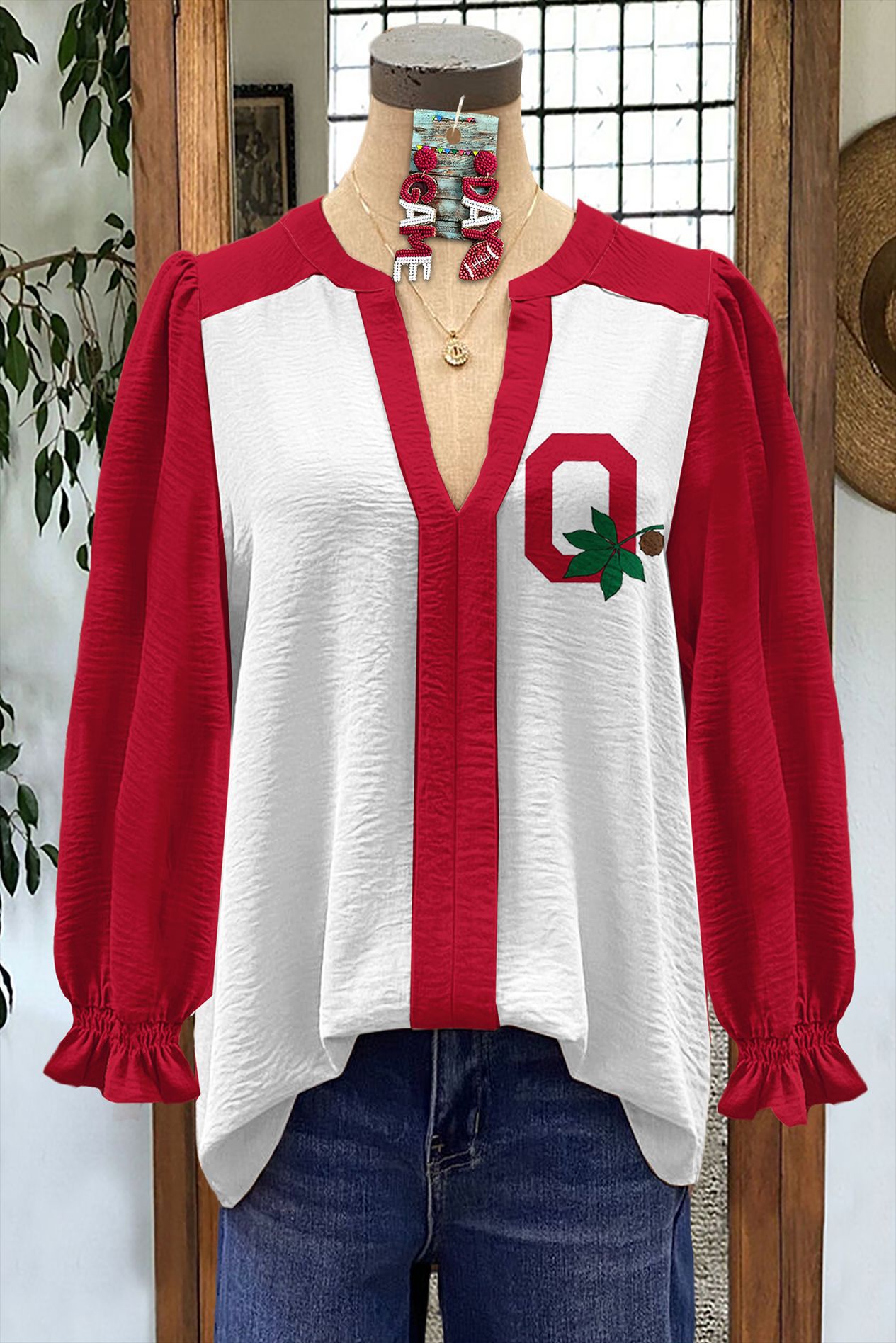 Women's Shirt Loose V-Neck Long Sleeve