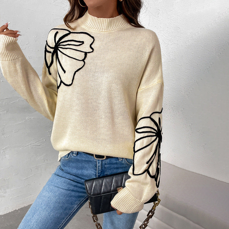 Dame Halv Turtleneck Sweater med Blomstermønster