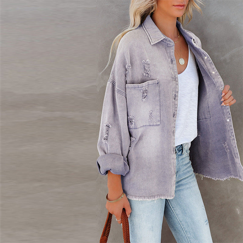 Lapel Long Sleeve Retro Street Ripped Burr Denim Coat