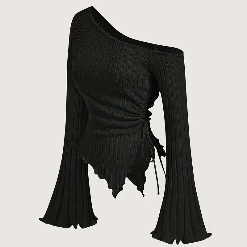 Design Sense Off-neck Long Sleeve Slim-fitting Simple Rope T-shirt