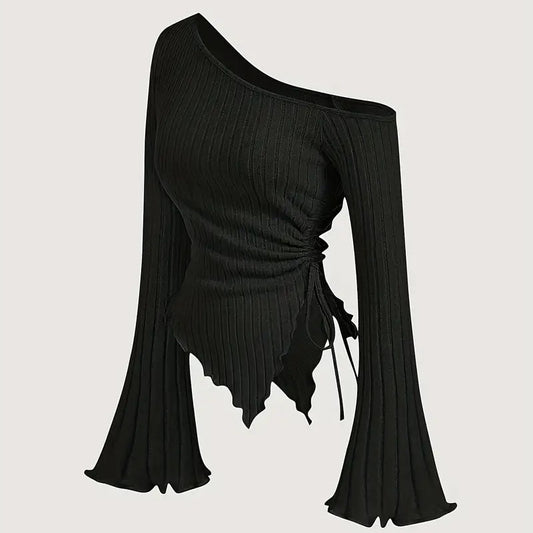 Design Sense Off-neck Long Sleeve Slim-fitting Simple Rope T-shirt