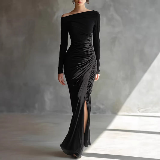 Elegant Wrap Dress With A Boat Neckline And A Fitted Waist