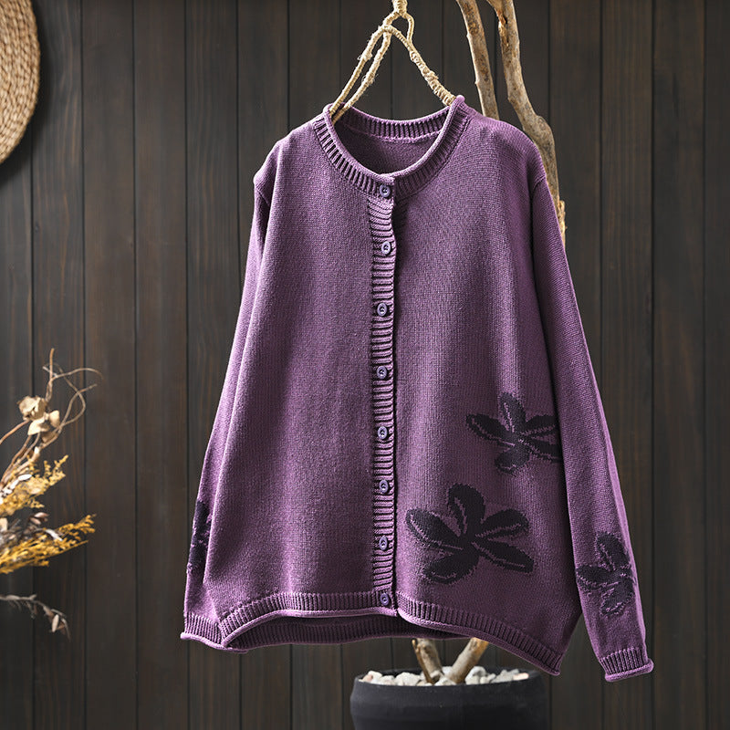 Women's Loose Retro Flower Contrasting Cotton Knit Cardigan