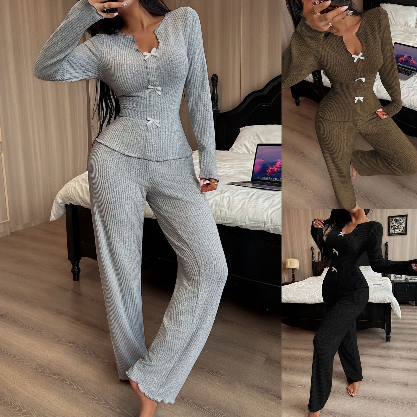 Women's V-neck Bow Long Sleeve Pantsuit