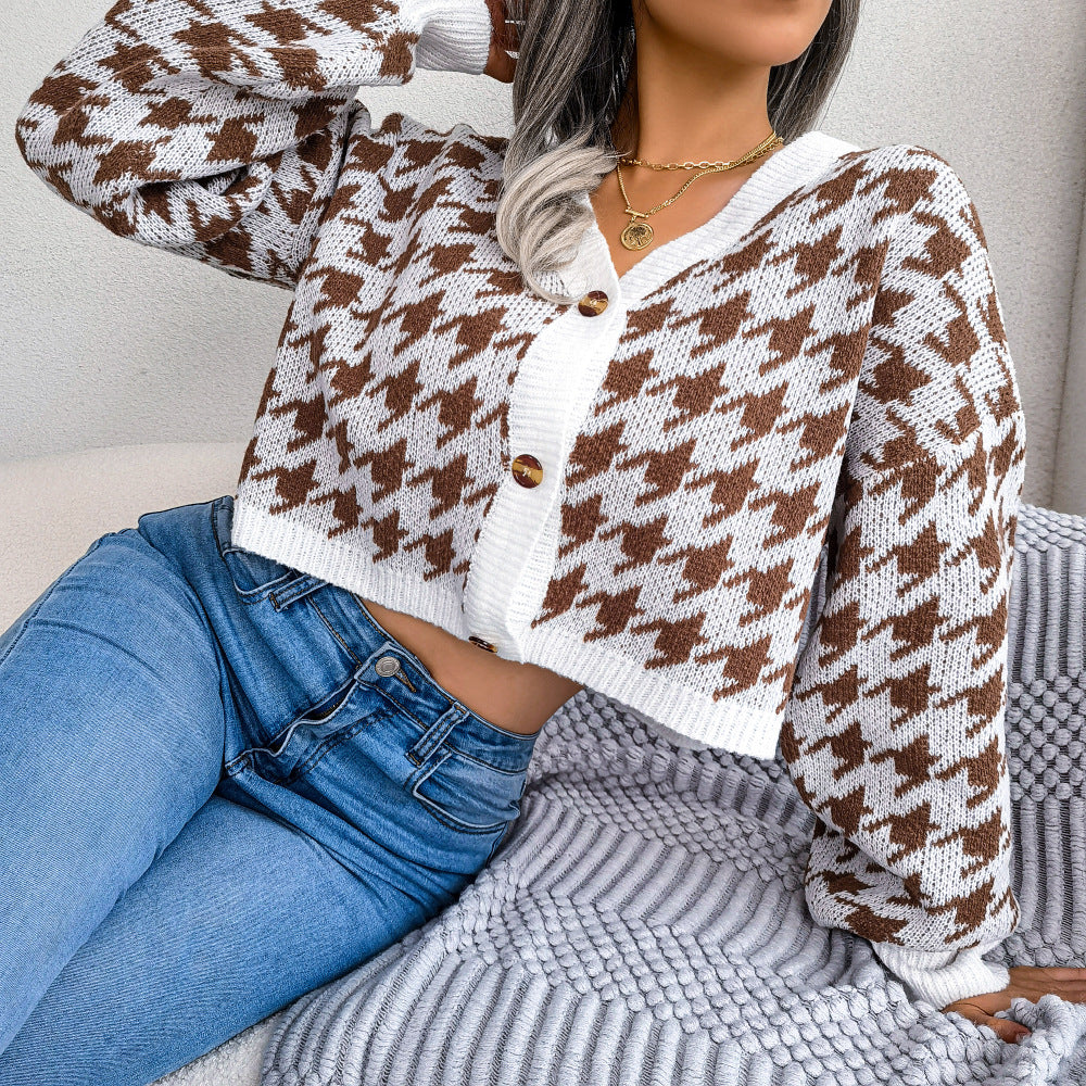 Ins Casual Lantern Long Sleeve Thousand Bird Check Cardigan Sweater