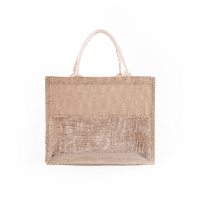 Transparent Film Splicing Visual Shopping Large Capacity Portable Burlap Bag