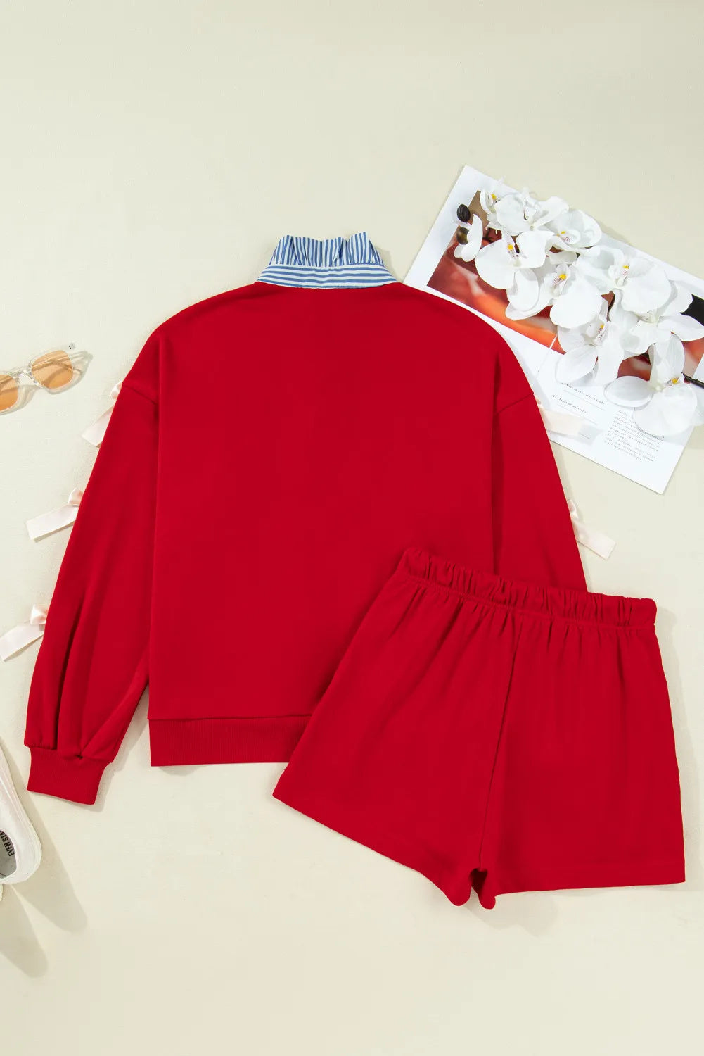 Racing Red Striped Collar Patchwork Satin Bow Sweatshirt And Shorts Set