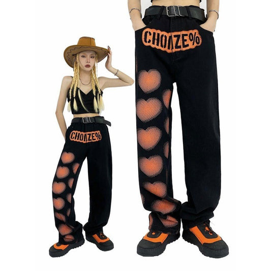 Love Letter Print Overalls Men's And Women's Loose Straight Trousers
