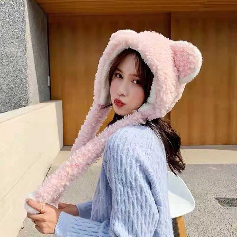 Cute All-match Women's New Warm Bear Hat And Scarf All In One