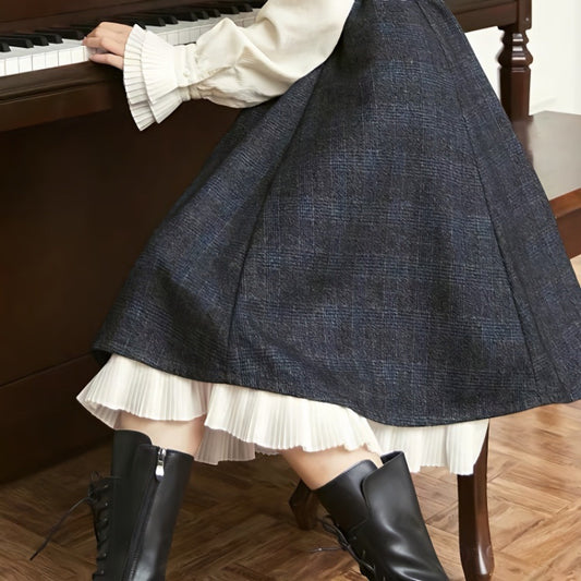 Double-layer Organ Pleat Tartan Skirt Women