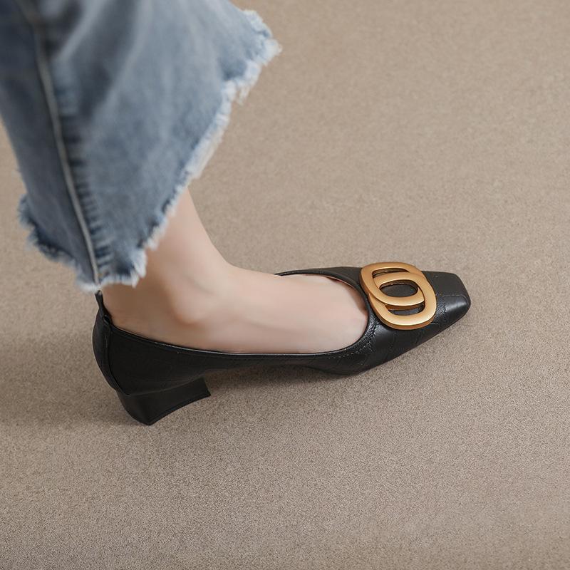 Franske firkantede damesko Arbejdssko Temperament Fe-stil Pumps Chunky hæl