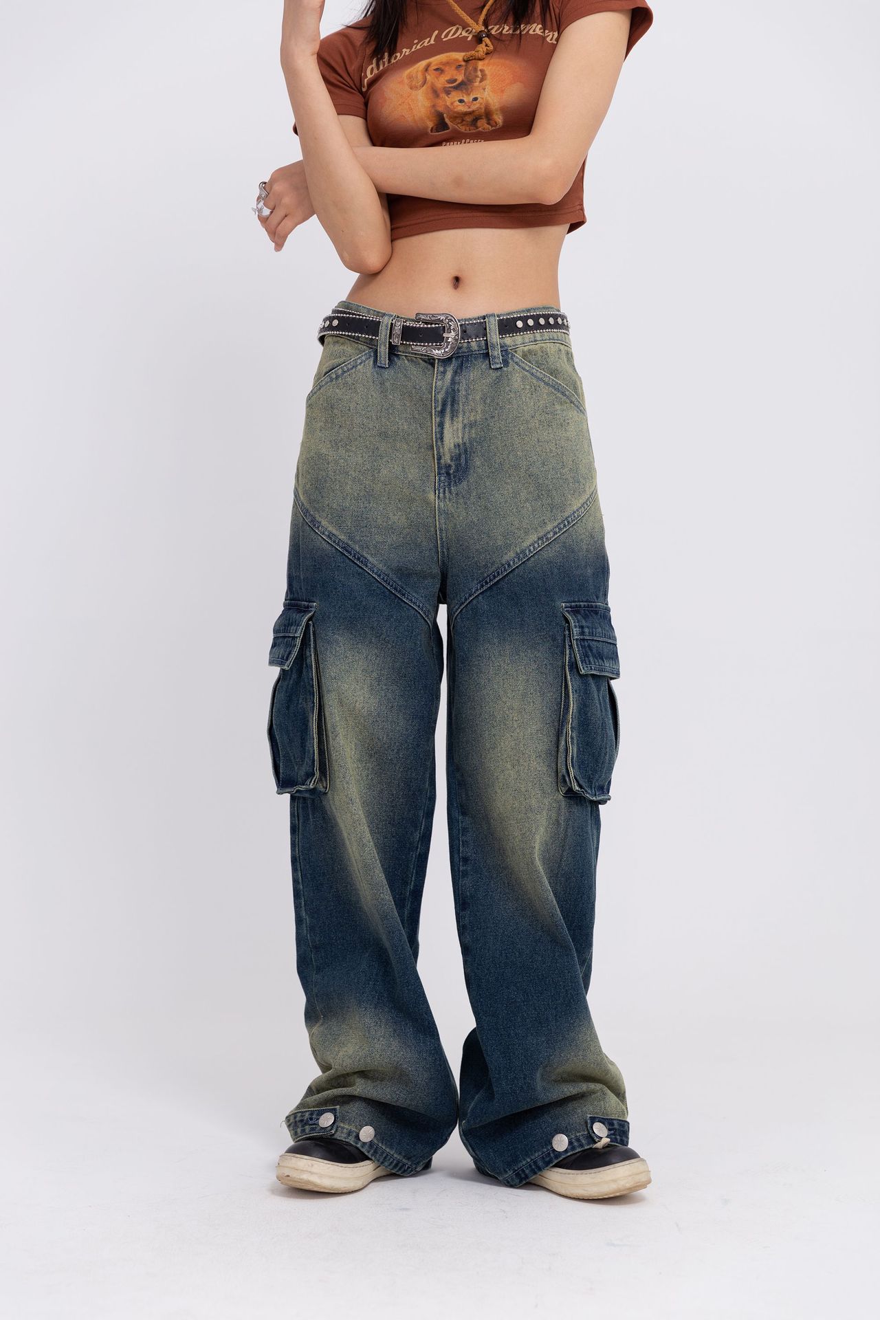 Unisex Street Fashion Loose Wash Workwear Denim Trousers