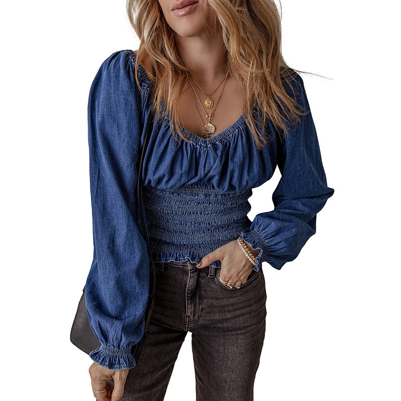 Women's V-neck Denim Long-sleeved Tops