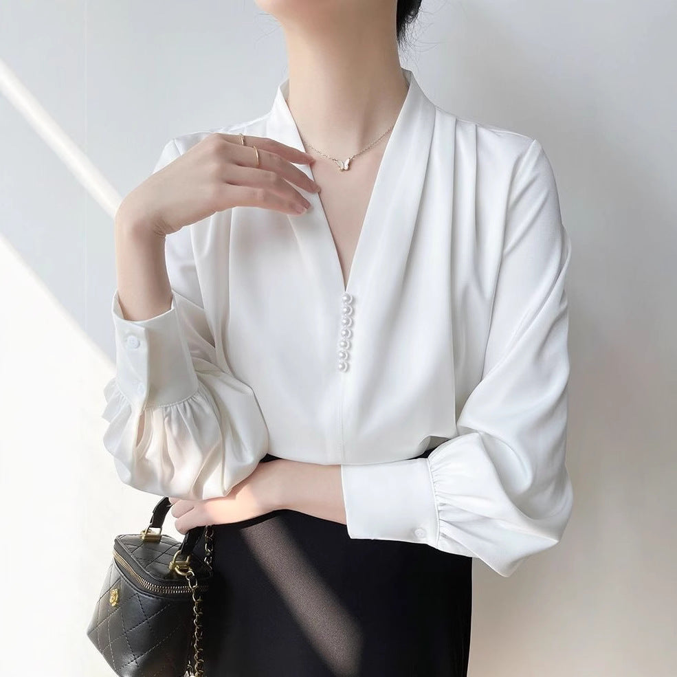 Dame V-hals Chiffon Langærmet Skjorte i Polyester