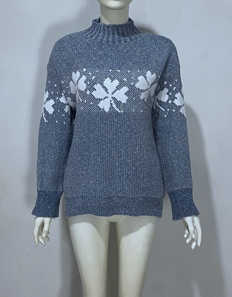 Embroidered Jacquard Pullover Loose Bottoming Shirt Mock Neck Sweater Coat