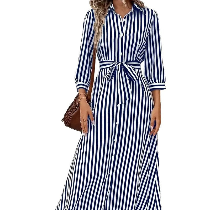 Womens Fashion Striped Cardigan Lapel Shirt Dress