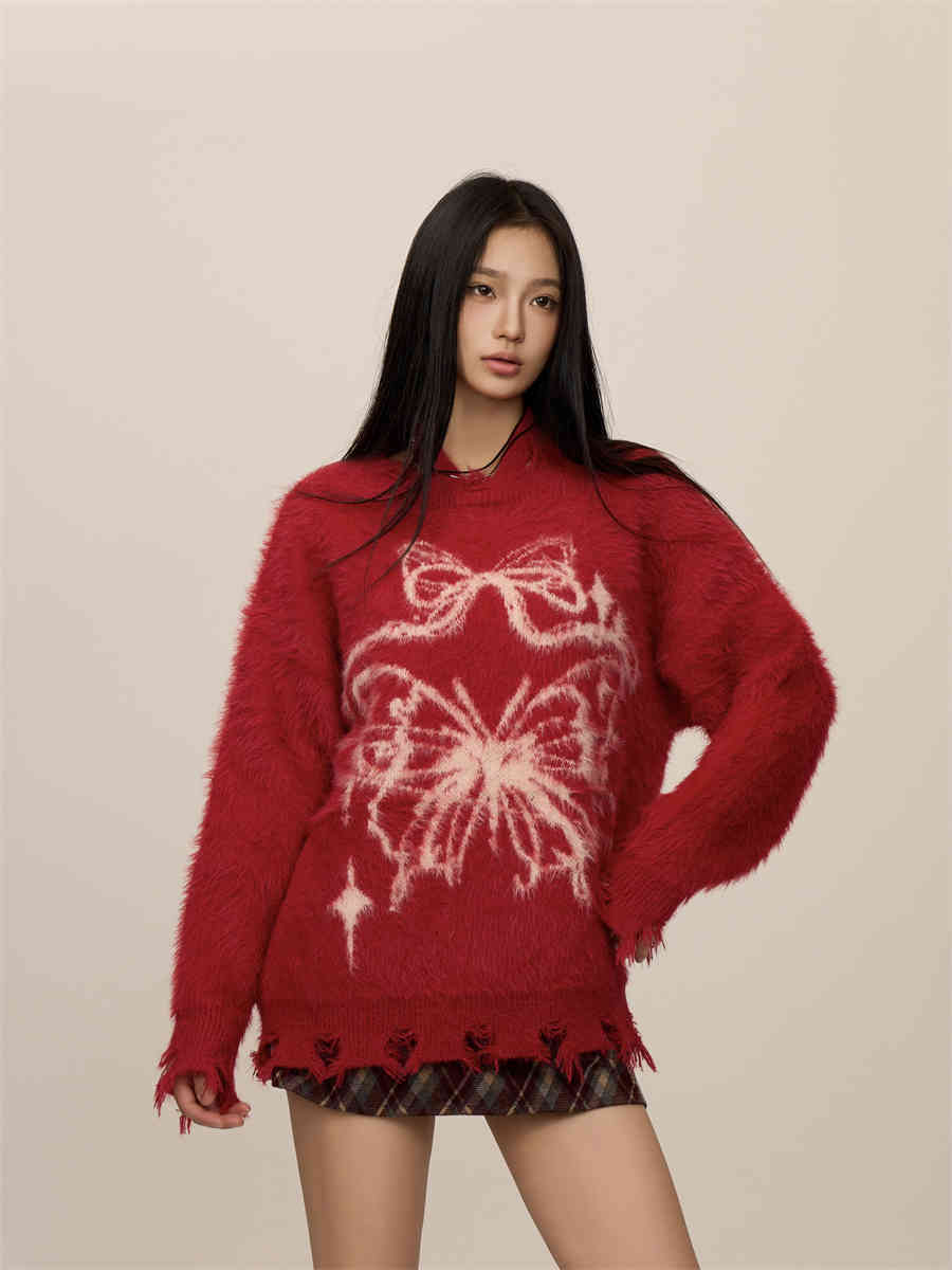 Sommerfugle-jacquard uldsweater med minklignende finish til jul og nytår