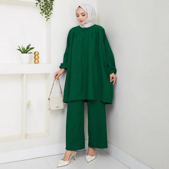 Solid-color Casual Loose-fitting Crew-neck Long-sleeve Wide-leg Pants Set