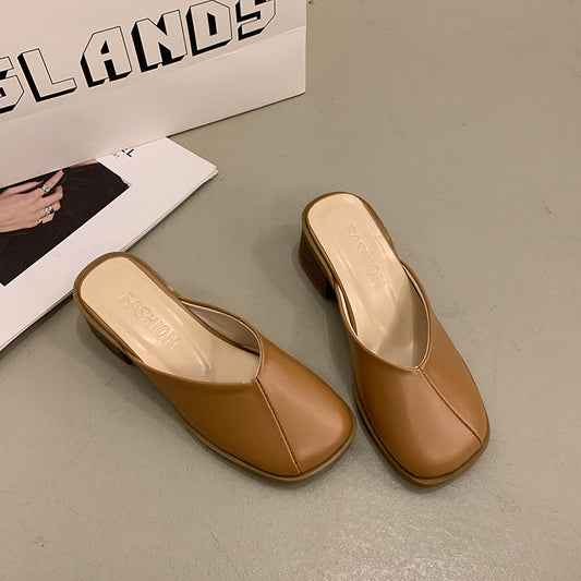 Square Toe Casual Mid Heel Half Outdoor Slippers