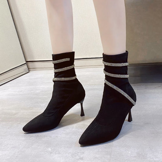 Pointed Fashion Boots Rhinestone French High Heels