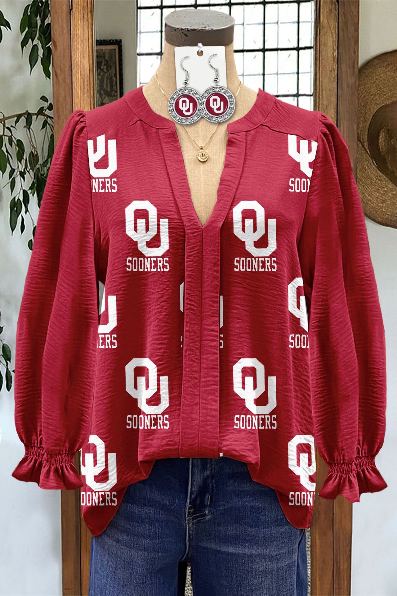 Women's Shirt Loose V-Neck Long Sleeve