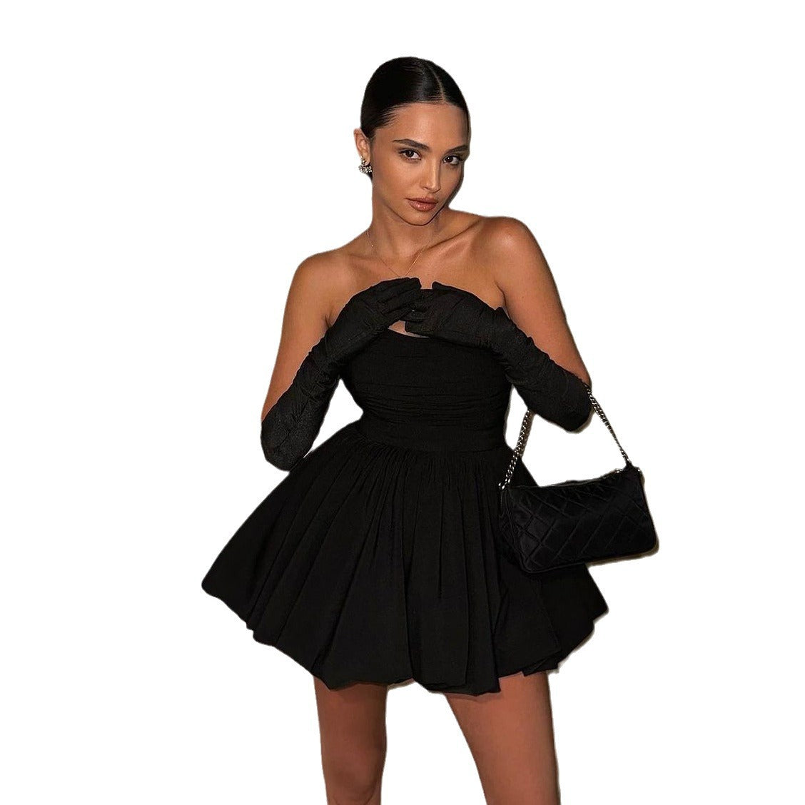 Tube Top Short Skirt Hepburn-style Pleated Little Black A-line Dress