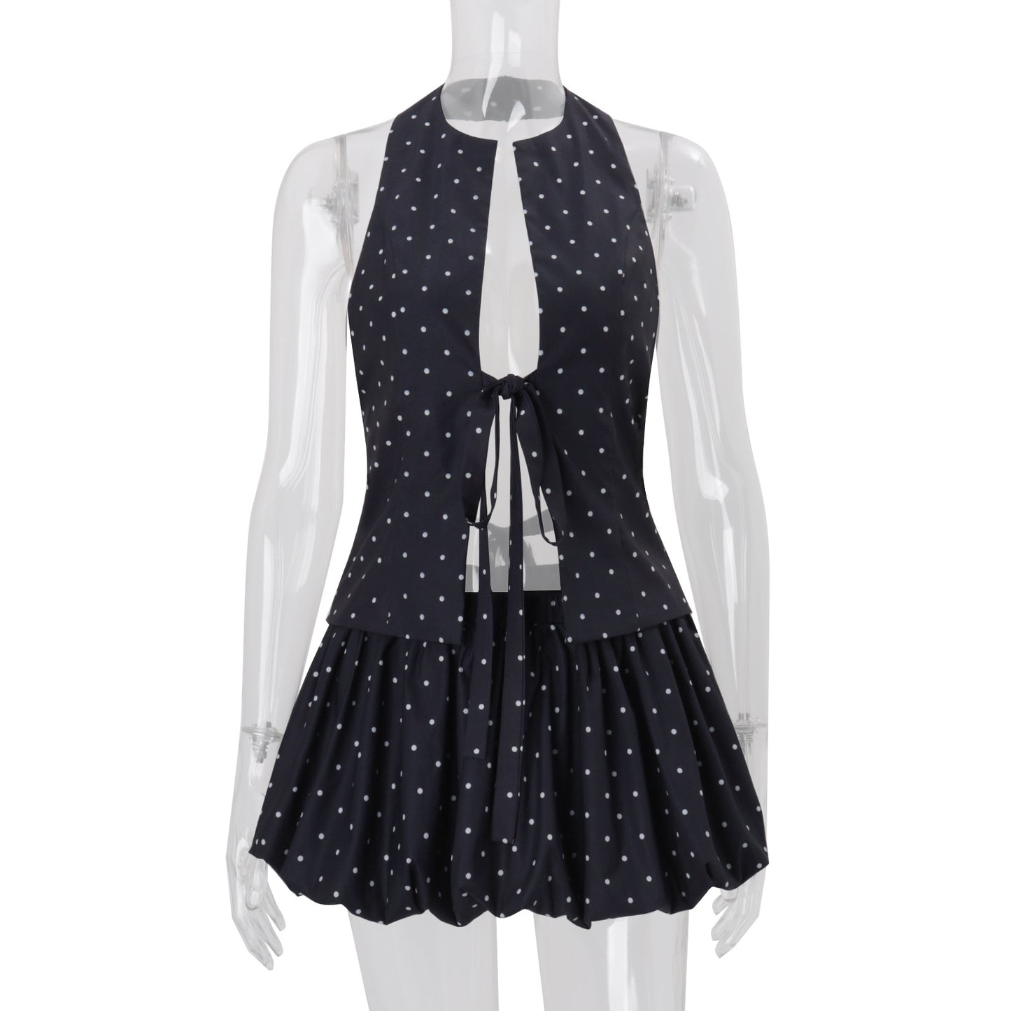 Sexy Cutout Backless Polka-Dot Halter Top And Low-Waist A-Line Skirt Set