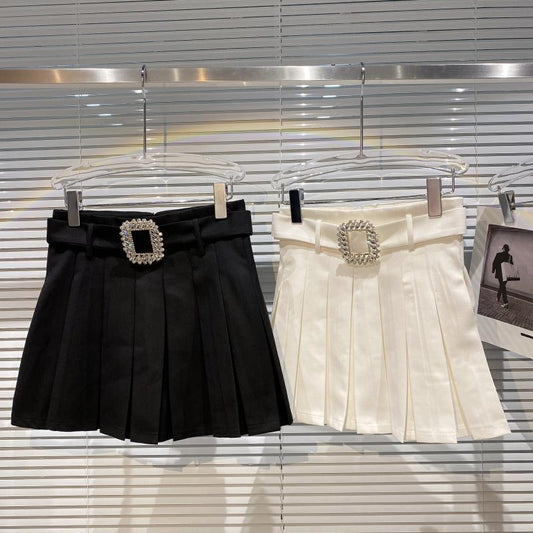 Square Rhinestone Waistband Design Anti Glare Pleated Skirt