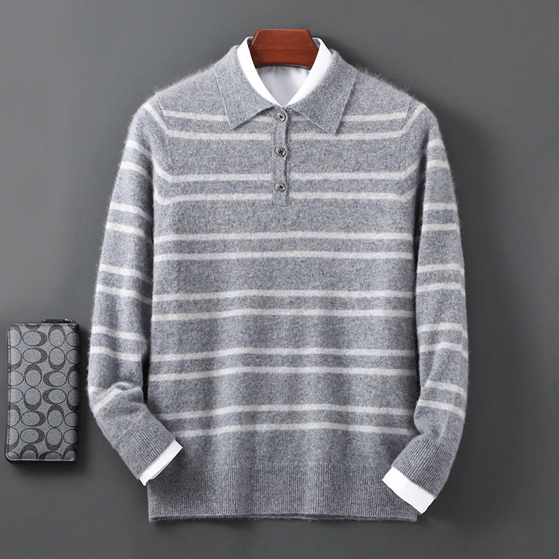 Lapel Pure Wool Sweater Striped Color Matching Half Button Pullover Long Sleeve Loose-fitting Underwear Sweater