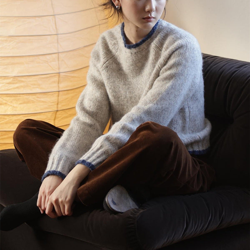 Contrast Color Knitted Collar Round Neck Sweater