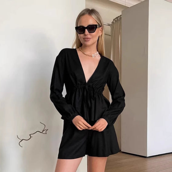 Black Cotton And Linen Suit Foreign Trade Loose Long Sleeve Top