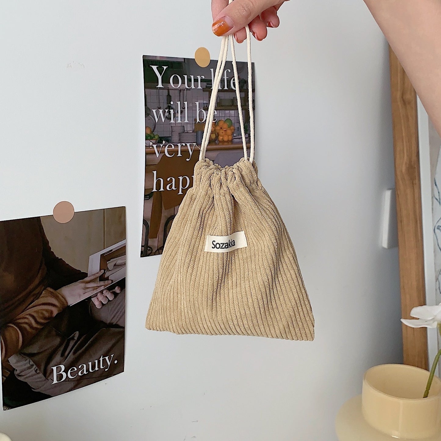 Solid Color Corduroy Buggy Bag Drawstring Bundle Cosmetic Bag