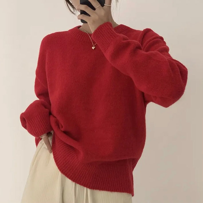Red Sweater Round Neck Pullover Pure Color Minimal Versatile Sweater